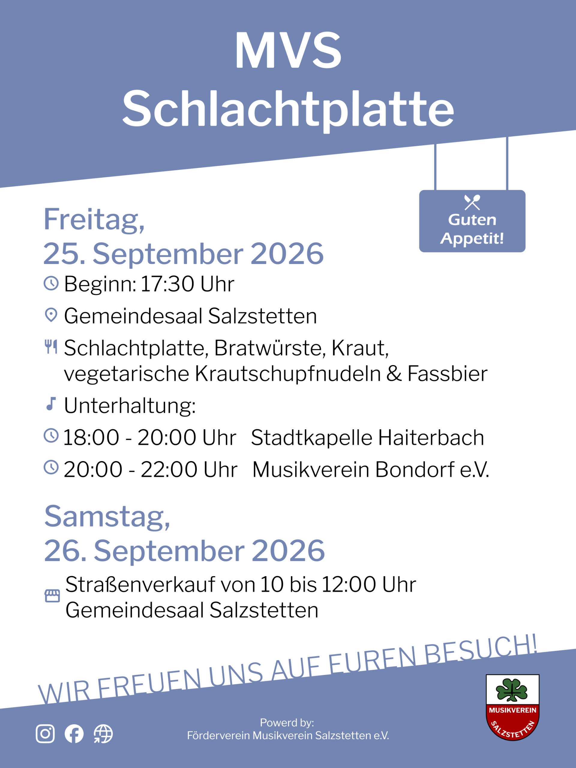 Plakat mit Informationen zur Schlachtplatte am Freitag, 25.09.2026 Ab 17:30 Uhr im Gemeindesaal Salzstetten.